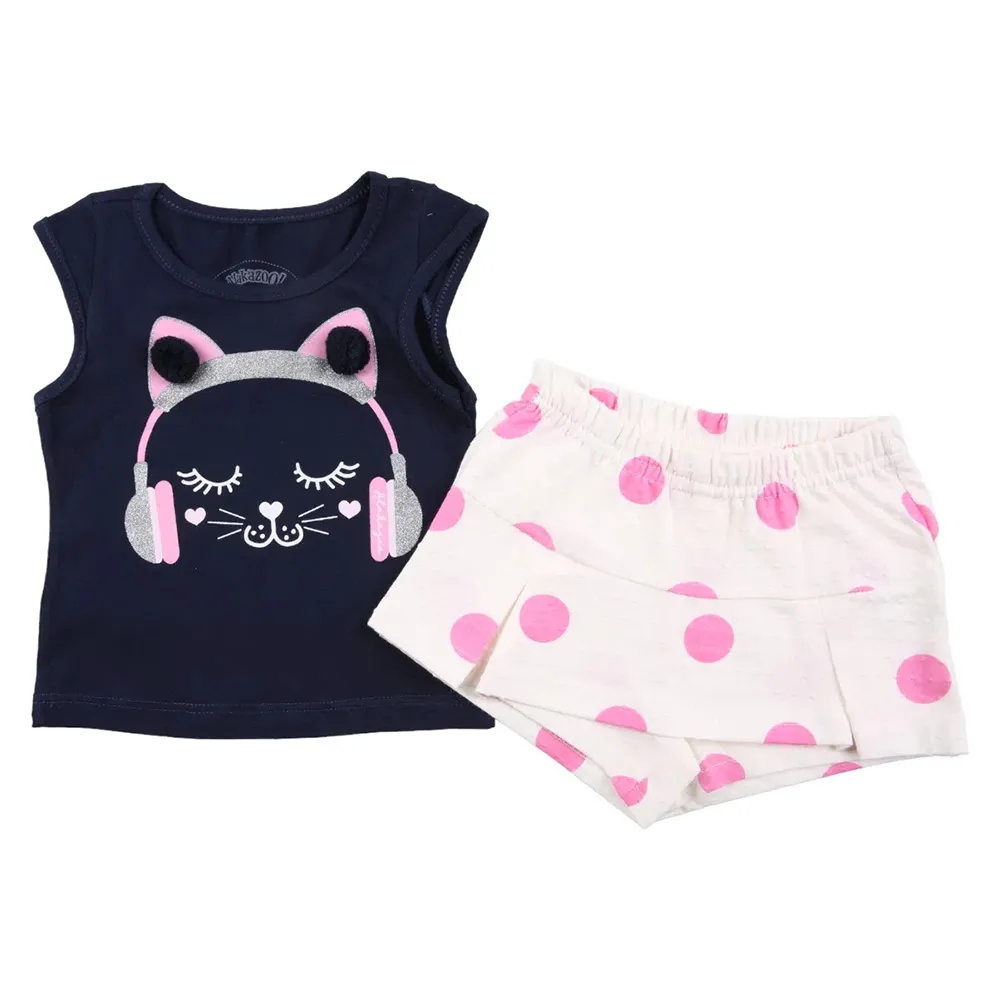 Conjunto Bebê Alakazoo Blusa Marinho Estampa Gatinha + Saia