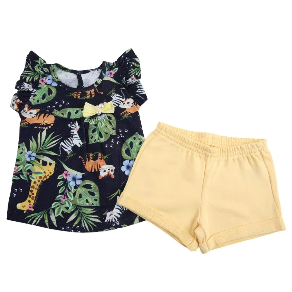 Conjunto Bebê Alakazoo Blusa Marinho Estampa Safari + Shorts