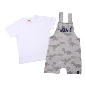 Conjunto Infantil Livy Camiseta Básica + Jardineira Cinza Roar