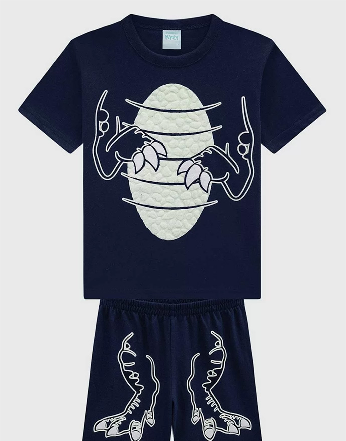 Pijama Infantil Kyly Dinossauro Brilha no Escuro Azul Marinho Masculino